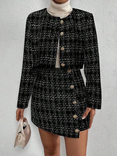 SHEIN Clasi جاكيت قصير مربعات ملونة أزرار أمامية و تنورة