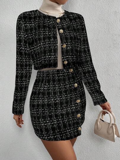 SHEIN Clasi جاكيت قصير مربعات ملونة أزرار أمامية و تنورة