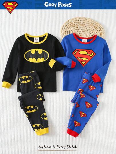 SUPERMAN X Cozy Pixies 4 قطع طقم بيجاما مكون من ملابس علوية كم طويل رقبة طاقم وبنطال طويل خصر مطاطي، بنمط كرتوني للأولاد الصغار، قطعة ناعمة مناسبة للخريف/الشتاء