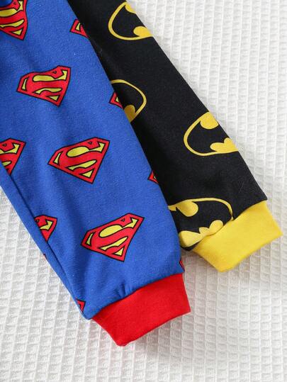 SUPERMAN X Cozy Pixies 4 قطع طقم بيجاما مكون من ملابس علوية كم طويل رقبة طاقم وبنطال طويل خصر مطاطي، بنمط كرتوني للأولاد الصغار، قطعة ناعمة مناسبة للخريف/الشتاء