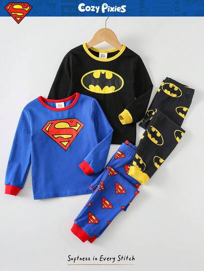 SUPERMAN X Cozy Pixies 4 قطع طقم بيجاما مكون من ملابس علوية كم طويل رقبة طاقم وبنطال طويل خصر مطاطي، بنمط كرتوني للأولاد الصغار، قطعة ناعمة مناسبة للخريف/الشتاء