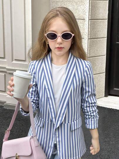 SHEIN بلوزة كاجوال أنيقة للفتيات المراهقات، ذات ياقة شال مخطط باللون الأزرق والأبيض من الكتان، بأكمام ثلاثة أرباع مطوية، بلوزة مخططة مناسبة للارتداء اليومي في فصلي الخريف والربيع