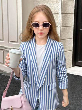 SHEIN بلوزة كاجوال أنيقة للفتيات المراهقات، ذات ياقة شال مخطط باللون الأزرق والأبيض من الكتان، بأكمام ثلاثة أرباع مطوية، بلوزة مخططة مناسبة للارتداء اليومي في فصلي الخريف والربيع