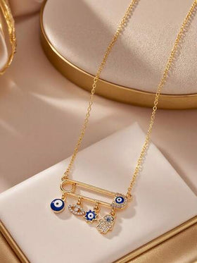 Herseygold قلادة بسلسلة مطلية بالذهب 1 قطعة، قلادة نسائية عربية شرق أوسطية، مجوهرات العين الزرقاء البتركية وخامة اليد الفاطمية للاحتفالات والمناسبات