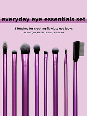 طقم فرش مكياج Real Techniques Everyday Eye Essentials المكون من 8 قطع، فرش للعين لخطوط العين والظلال والحواجب والرموش، قابلة للسفر، طقم هدايا، هدايا، فرش مكياج احترافية، طقم مكياج كامل