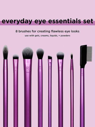 طقم فرش مكياج Real Techniques Everyday Eye Essentials المكون من 8 قطع، فرش للعين لخطوط العين والظلال والحواجب والرموش، قابلة للسفر، طقم هدايا، هدايا، فرش مكياج احترافية، طقم مكياج كامل