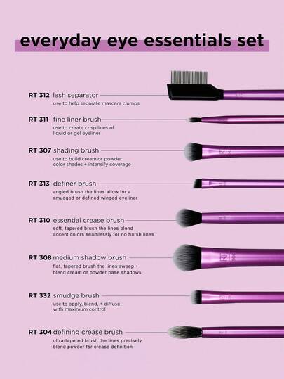 طقم فرش مكياج Real Techniques Everyday Eye Essentials المكون من 8 قطع، فرش للعين لخطوط العين والظلال والحواجب والرموش، قابلة للسفر، طقم هدايا، هدايا، فرش مكياج احترافية، طقم مكياج كامل