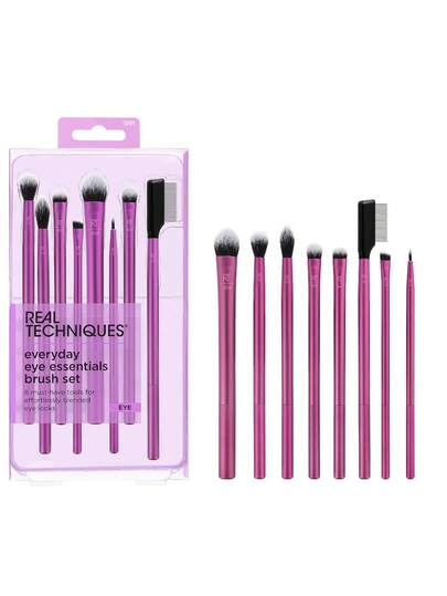 طقم فرش مكياج Real Techniques Everyday Eye Essentials المكون من 8 قطع، فرش للعين لخطوط العين والظلال والحواجب والرموش، قابلة للسفر، طقم هدايا، هدايا، فرش مكياج احترافية، طقم مكياج كامل