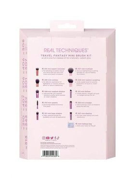 Real Techniques طقم فرش سفر فانتازيا من 11 قطعة من ريال تكنيكس، فرش مكياج بحجم السفر للأساس والظلال والبودرة والخدود والتحديد والكونسيلر، متضمن حقيبة مكياج، مجموعة هدايا، فرش مكياج محترفة، طقم مكياج كامل