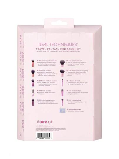 Real Techniques طقم فرش سفر فانتازيا من 11 قطعة من ريال تكنيكس، فرش مكياج بحجم السفر للأساس والظلال والبودرة والخدود والتحديد والكونسيلر، متضمن حقيبة مكياج، مجموعة هدايا، فرش مكياج محترفة، طقم مكياج كامل