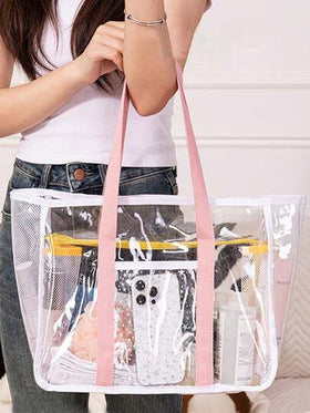 حقيبة شاطئ شفافة كبيرة السعة ذات تصميم بسيط قطعة واحدة، حقيبة شاطئ شبكية ملونة، حقيبة تسوق شفافة كبيرة السعة من البي في سي، حقيبة يد شاطئ قابلة للطي للنساء