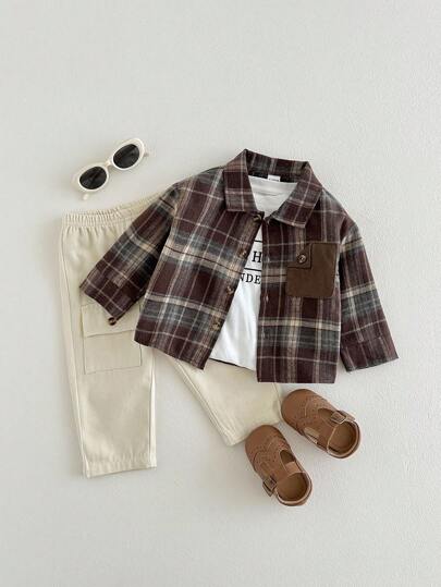 SHEIN Playful Pals مجموعة قميص كم طويل جيب مربعات وبنطلون للأطفال الصبيان، مناسبة للخريف/الشتاء، للارتداء اليومي والخارجي، قطعتان