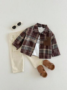 SHEIN Playful Pals مجموعة قميص كم طويل جيب مربعات وبنطلون للأطفال الصبيان، مناسبة للخريف/الشتاء، للارتداء اليومي والخارجي، قطعتان