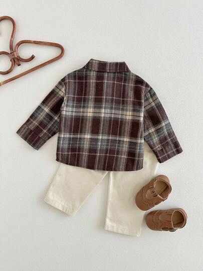 SHEIN Playful Pals مجموعة قميص كم طويل جيب مربعات وبنطلون للأطفال الصبيان، مناسبة للخريف/الشتاء، للارتداء اليومي والخارجي، قطعتان