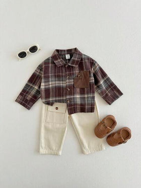 SHEIN Playful Pals مجموعة قميص كم طويل جيب مربعات وبنطلون للأطفال الصبيان، مناسبة للخريف/الشتاء، للارتداء اليومي والخارجي، قطعتان