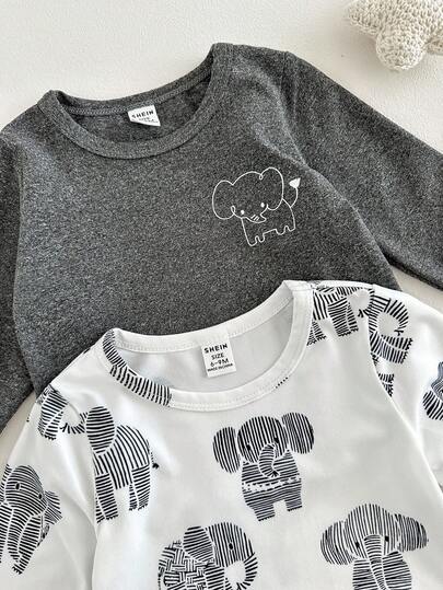 SHEIN 4 قطع طقم قميص بأكمام طويلة وبنطال للأطفال الصبية، بطبعة فيل جميلة وكاجوال، مريح وشامل للارتداء في فصلي الخريف والشتاء