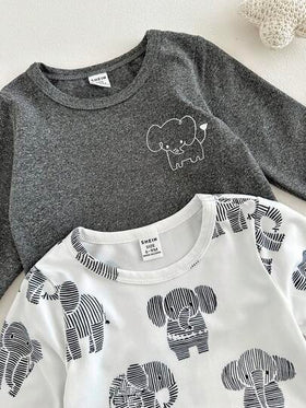 SHEIN 4 قطع طقم قميص بأكمام طويلة وبنطال للأطفال الصبية، بطبعة فيل جميلة وكاجوال، مريح وشامل للارتداء في فصلي الخريف والشتاء
