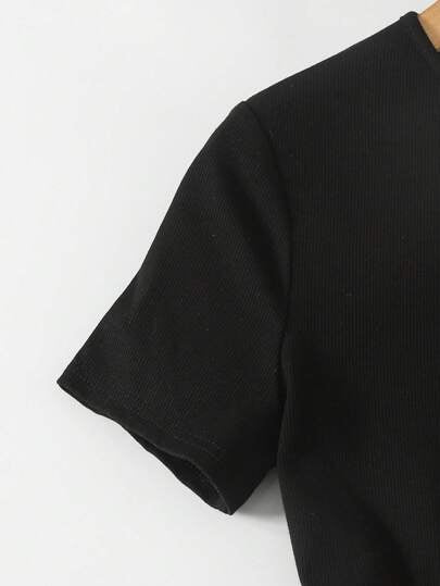 SHEIN فستان بنات المراهقات للربيع والصيف/أنيق رجعي/أسود محبوك بلون سادة رقبة دائرية أكمام قصيرة/مطرز بطبعة نمر على الذيل/خصر