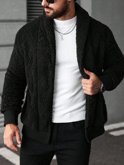 Manfinity CasualCool معطف فليس طويل الأكمام أحادي اللون للرجال، معطف فليس للرجال، معطف شيربا للرجال باللون الأسود، معطف تيدي للرجال، معطف بورج للرجال