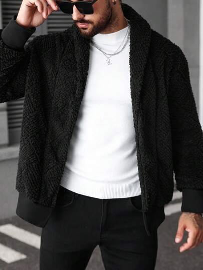 Manfinity CasualCool معطف فليس طويل الأكمام أحادي اللون للرجال، معطف فليس للرجال، معطف شيربا للرجال باللون الأسود، معطف تيدي للرجال، معطف بورج للرجال