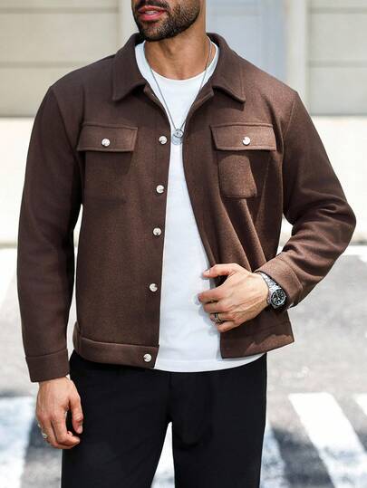 Manfinity Homme معطف كاجوال طويل الأكمام مقصر مصنوع من الصوف للرجال، خريف وشتاء