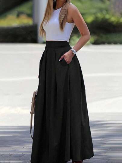 EMERY ROSE تنورة نسائية ذات خصر عالي بلون أحادي الخط A