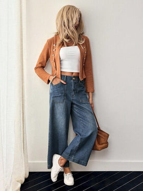 EMERY ROSE بناطيل جينز نسائية فضفاضة بتصميم جيوب وساق واسعة، قصيرة ومتعددة الاستخدامات، كاجوال