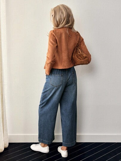EMERY ROSE بناطيل جينز نسائية فضفاضة بتصميم جيوب وساق واسعة، قصيرة ومتعددة الاستخدامات، كاجوال
