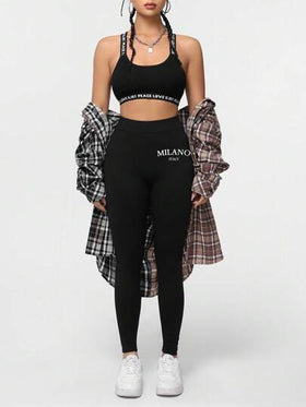 SHEIN Essnce سروال رياضي طويل مطبوع برسومات إيطالية ميلانو بتصميم بسيط وأنيق للسيدات