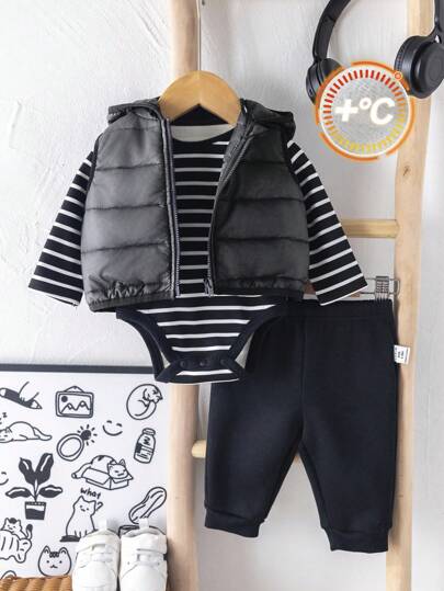 SHEIN طقم ملابس رضيع بنت/ولد مكون من 3 قطع: جمبسوت بأكمام طويلة مخططة + بنطلون رياضي أسود + قبعة بغطاء، طراز كاجوال للخريف/الشتاء