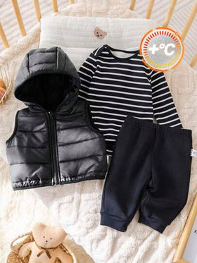 SHEIN طقم ملابس رضيع بنت/ولد مكون من 3 قطع: جمبسوت بأكمام طويلة مخططة + بنطلون رياضي أسود + قبعة بغطاء، طراز كاجوال للخريف/الشتاء