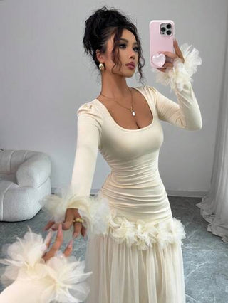 Elenzga فستان أنيق متوسط الطول بأكمام طويلة، مزين بتطريز دانتيل بطراز فرنسي رومانسي جديد وشائع للنساء