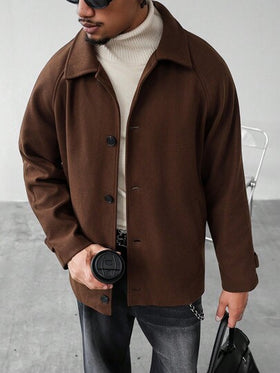 Manfinity Homme معطف كاجوال أحادي الصدر بأكمام راجلان ذو لون سادة، هدية رائعة لصديقك، جاكيت بني للرجال للعودة إلى المدرسة، جاكيت خارجية للرجال بطراز "Old Money"، خريف وشتاء
