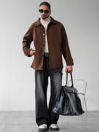 Manfinity Homme معطف كاجوال أحادي الصدر بأكمام راجلان ذو لون سادة، هدية رائعة لصديقك، جاكيت بني للرجال للعودة إلى المدرسة، جاكيت خارجية للرجال بطراز "Old Money"، خريف وشتاء