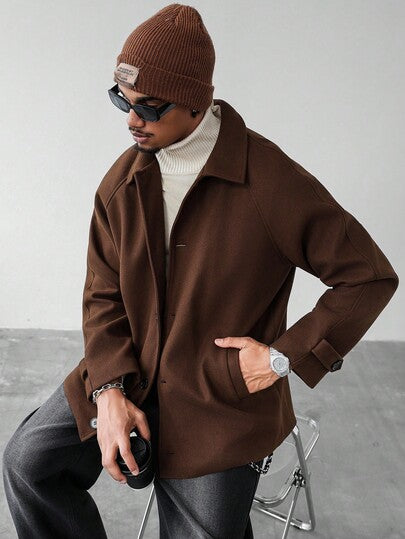 Manfinity Homme معطف كاجوال أحادي الصدر بأكمام راجلان ذو لون سادة، هدية رائعة لصديقك، جاكيت بني للرجال للعودة إلى المدرسة، جاكيت خارجية للرجال بطراز "Old Money"، خريف وشتاء