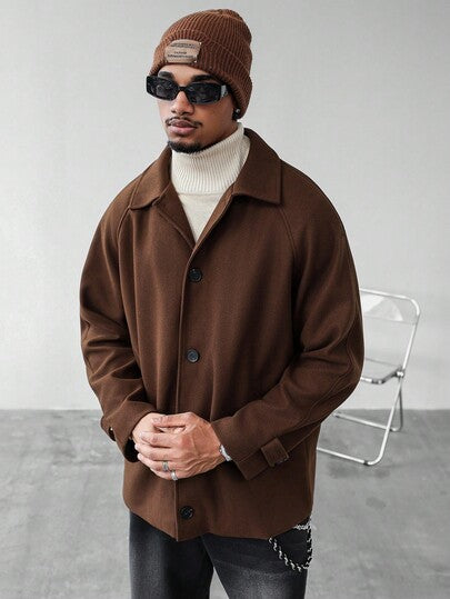 Manfinity Homme معطف كاجوال أحادي الصدر بأكمام راجلان ذو لون سادة، هدية رائعة لصديقك، جاكيت بني للرجال للعودة إلى المدرسة، جاكيت خارجية للرجال بطراز "Old Money"، خريف وشتاء