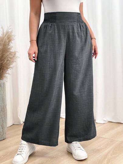 SHEIN Essnce بنطلون نسائي مريح فضفاض بجيوب ذو خصر مطاطي بلون أزرق للصيف والخريف، بنطلونات نسائية، ملابس خريفية، بنطلونات للمعلمات، ملابس العودة إلى المدرسة، بنطلونات مناسبة للجسم الممتلئ