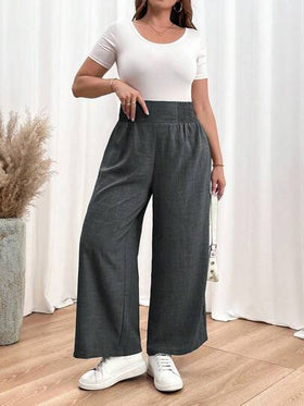SHEIN Essnce بنطلون نسائي مريح فضفاض بجيوب ذو خصر مطاطي بلون أزرق للصيف والخريف، بنطلونات نسائية، ملابس خريفية، بنطلونات للمعلمات، ملابس العودة إلى المدرسة، بنطلونات مناسبة للجسم الممتلئ