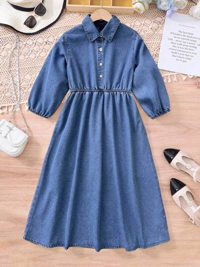 SHEIN فستان قميص جينز أزرق للفتيات المراهقات