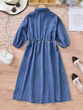 SHEIN فستان قميص جينز أزرق للفتيات المراهقات