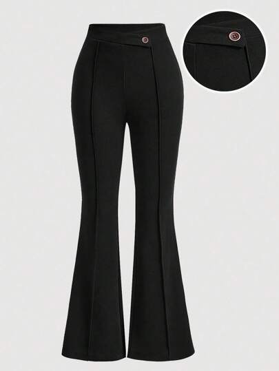 Girlism بنطلون أسود مريح ذو خصر غير متماثل وجيب مفتوح للمراهقات