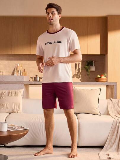 Manfinity Underwear&Sleepwear Basics بيجامة رجالية مكونة من قميص بياقة مستديرة وأكمام قصيرة وشورت