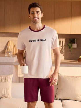 Manfinity Underwear&Sleepwear Basics بيجامة رجالية مكونة من قميص بياقة مستديرة وأكمام قصيرة وشورت
