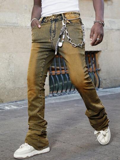 ROMWE MEN Street Life بنطلون جينز رجالي ضيق مغسول بتصميم متدرج وواسع أسفل