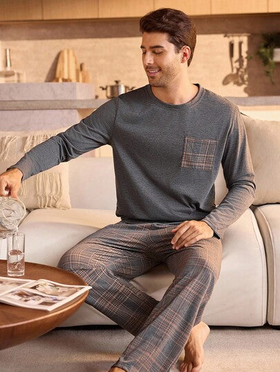 Manfinity Underwear&Sleepwear Basics مجموعة بيجامة رجالية من ملابس علوية كم طويل وبنطلون مربعات مع جيب، ملابس نوم وراحة للرجال، ملابس خريف وشتاء