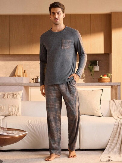 Manfinity Underwear&Sleepwear Basics مجموعة بيجامة رجالية من ملابس علوية كم طويل وبنطلون مربعات مع جيب، ملابس نوم وراحة للرجال، ملابس خريف وشتاء