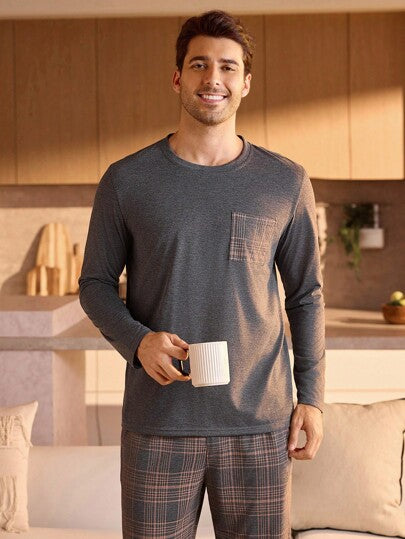 Manfinity Underwear&Sleepwear Basics مجموعة بيجامة رجالية من ملابس علوية كم طويل وبنطلون مربعات مع جيب، ملابس نوم وراحة للرجال، ملابس خريف وشتاء