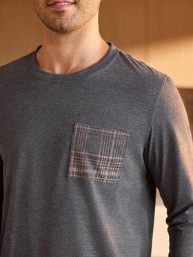 Manfinity Underwear&Sleepwear Basics مجموعة بيجامة رجالية من ملابس علوية كم طويل وبنطلون مربعات مع جيب، ملابس نوم وراحة للرجال، ملابس خريف وشتاء
