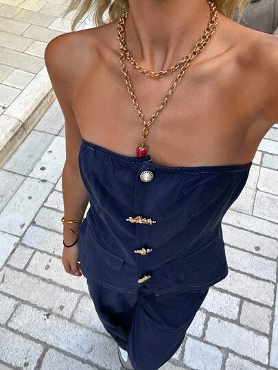 SHEIN EZwear طقم ملابس علوية أنبوبية وبنطلون كاجوال بوهيمي أزرق للنساء