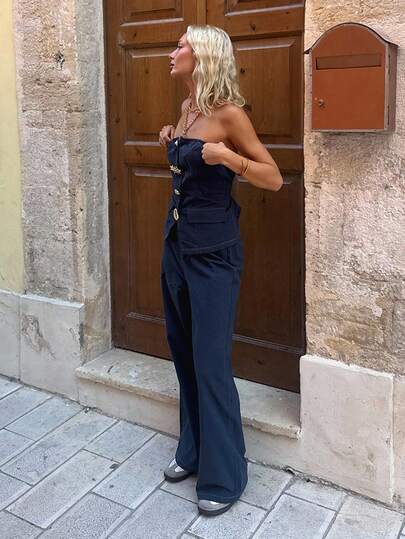 SHEIN EZwear طقم ملابس علوية أنبوبية وبنطلون كاجوال بوهيمي أزرق للنساء